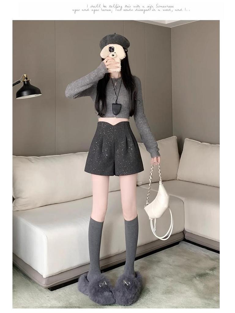 Women's Gray High-Waist Woolen Wide-Leg Pants: 2024 Autumn/Winter Slimming A-Line Shorts