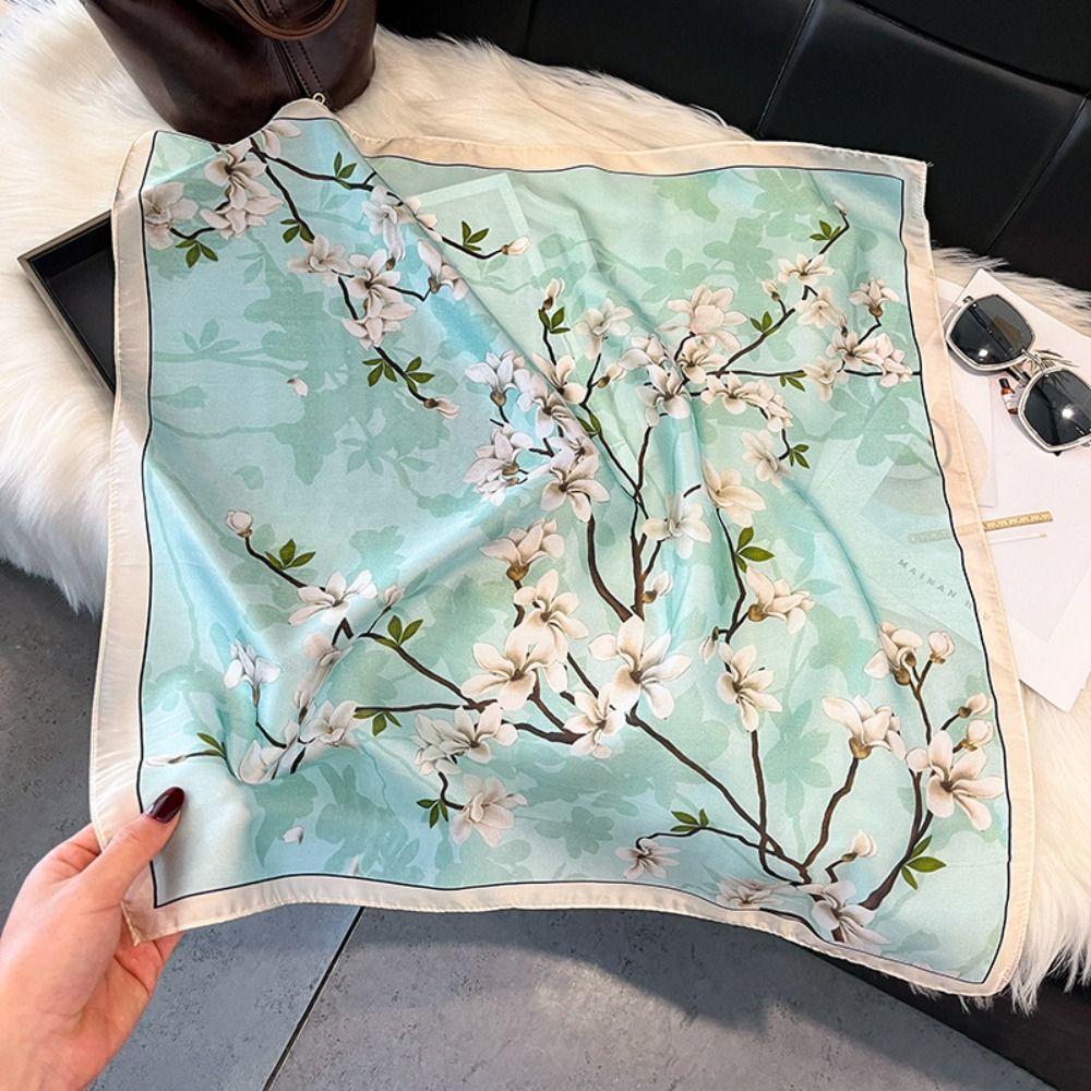 Floral Print Square Silk Scarf Soft Hijab Scarf Hair Band Neckerchief Scarf  Beach