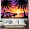 2D Coastal Wall Tapestry, Vibrant Beach Sunset with Palm Trees