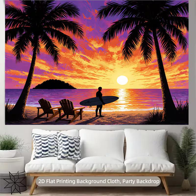 2D Coastal Wall Tapestry, Vibrant Beach Sunset with Palm Trees
