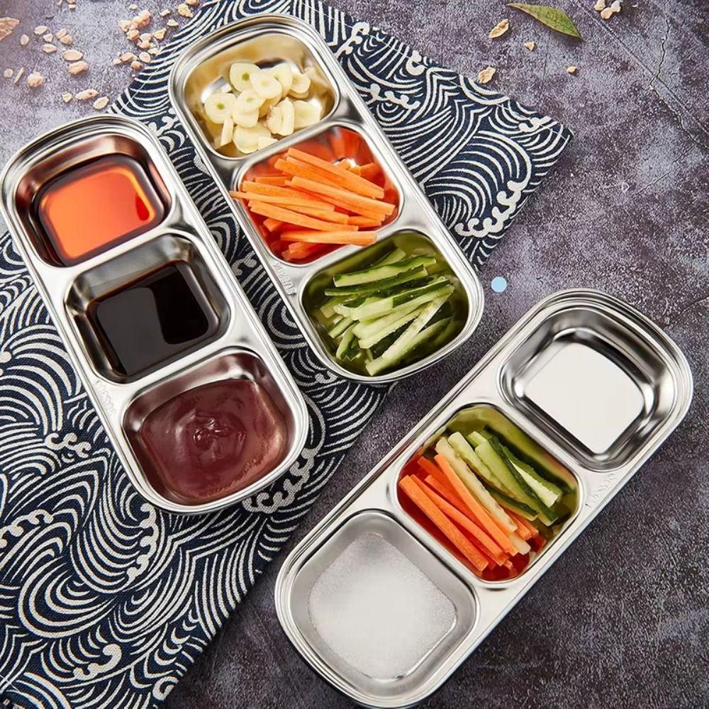 2Pcs Stainless Steel Seasoning Dish Thickened 2/3/4 Grid Divided Dip Bowls Easy Clean Cutlery Sauce Plate BBQ Tableware