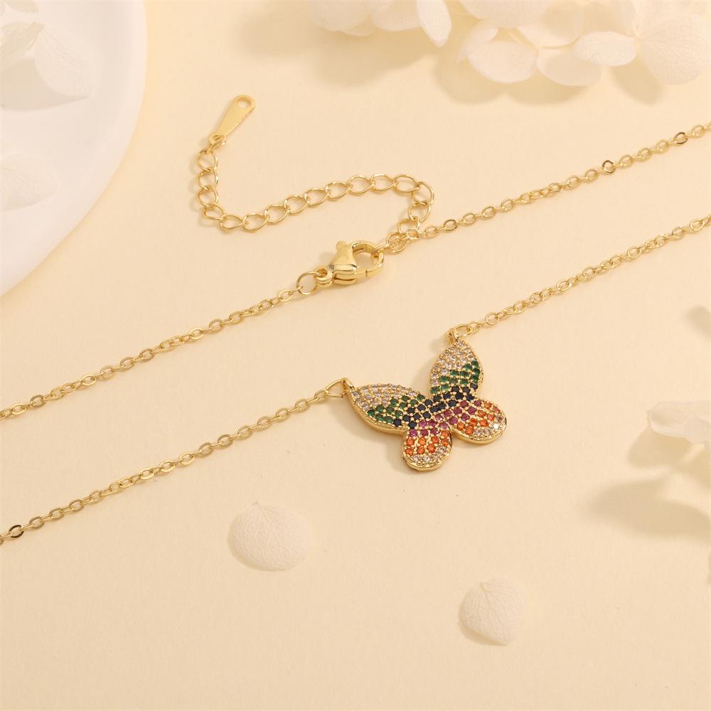 Color-Inlaid Zircon Butterfly Pendant Necklace - Fashionable Copper Insect Jewelry