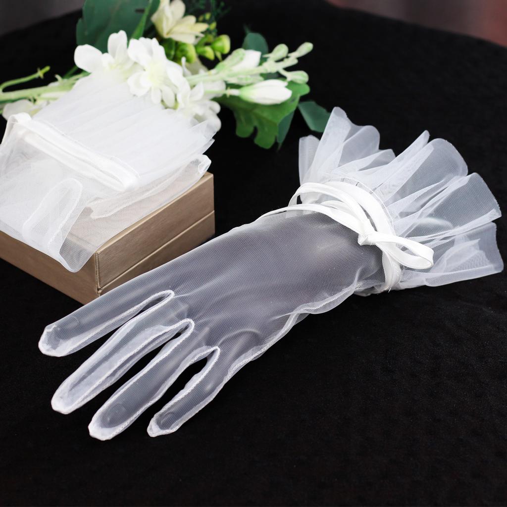 WG020 Elegante Hochzeit Braut Kurze Weiße Handschuhe Atmungsaktiver Tüll Schleife Braut Brautjungfer Damen Festzug Abschlussball Handschuh