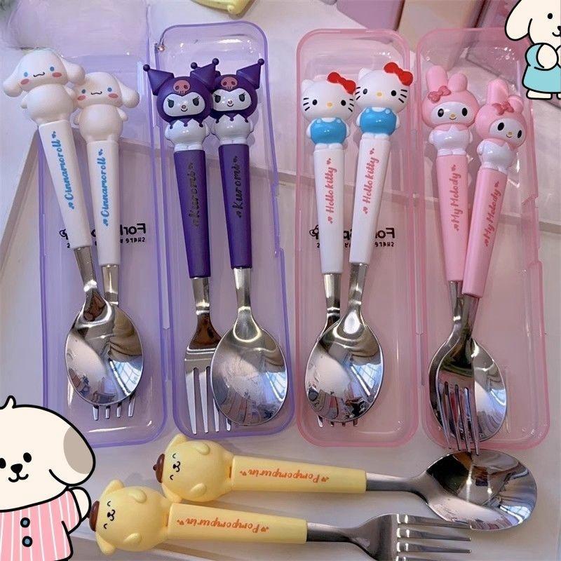 New Kuromi Kitty Cinnamoroll Spoon Fork 2 Pcs Kit Food-grade Steel Cartoon Cute Kid Tableware Kitchen Supplies Gift