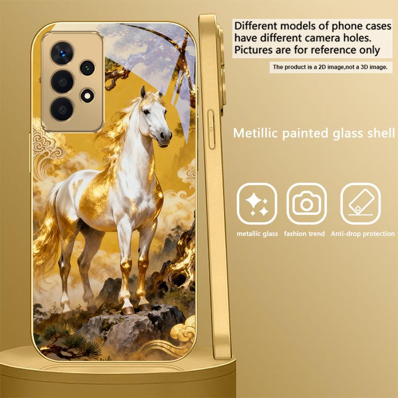 tall and sturdy horse For Samsung A 01 52S A04 A05S A10 A12 A13 22 23 24 36 42 M02 Note 10 20Ultra 8 9 Golden glass phone case