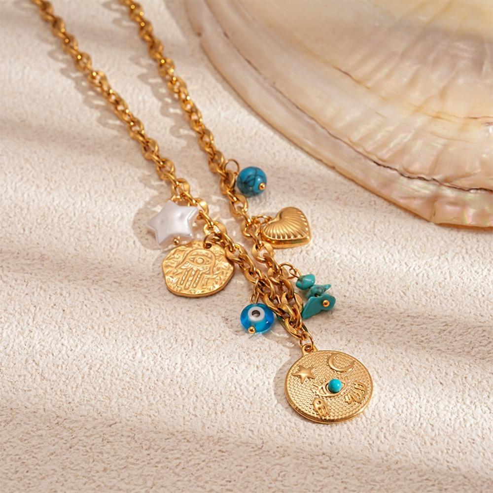 Turquoise Shell Starfish Necklace Titanium Steel Starfish Beach Earrings Women Daily