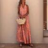 Loose Fit Printed Halter Neck Sleeveless V-Neck Maxi Dress With Flared Skirt Streetwear Casual Outfit