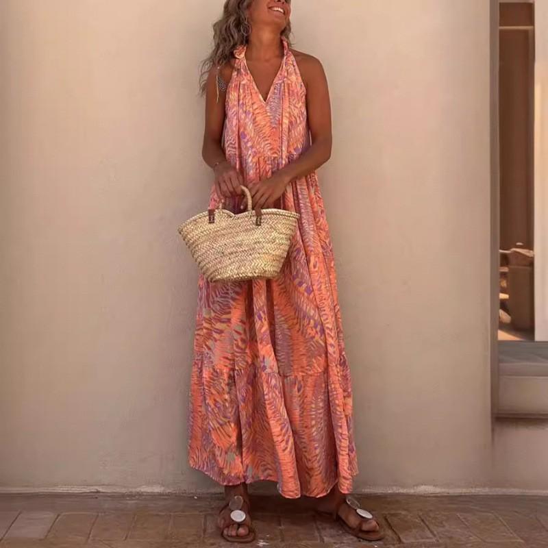 Loose Fit Printed Halter Neck Sleeveless V-Neck Maxi Dress With Flared Skirt Streetwear Casual Outfit
