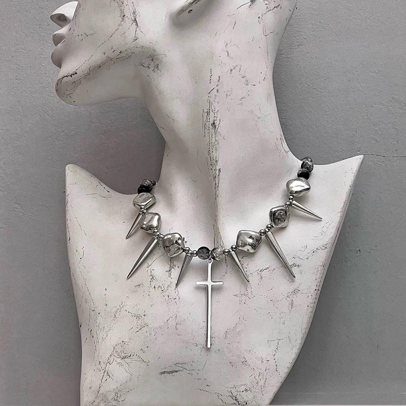 Retro Y2K Long Spike Rivet Necklace Stainless Steel Cross Hip Hop Necklace for Women Vintage Grunge Style Party Jewelry