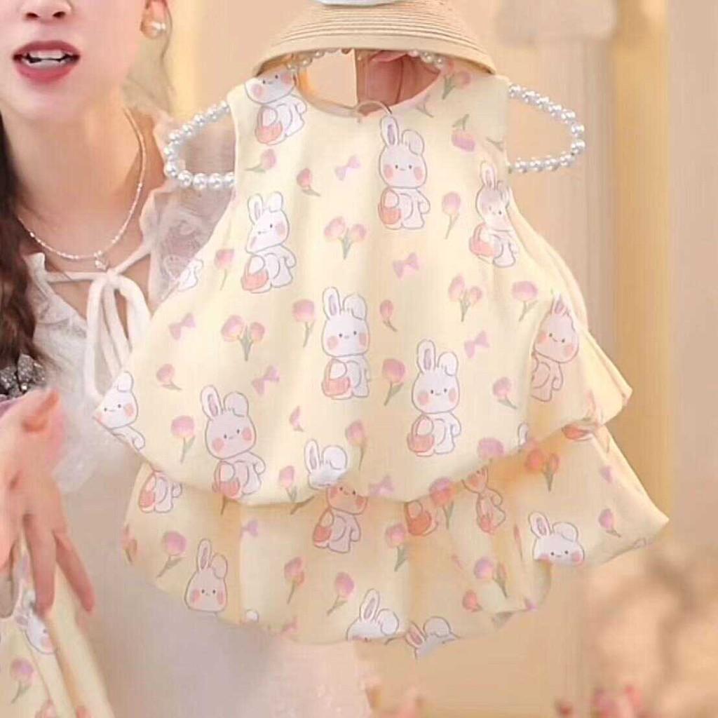 Trendy Cartoon Style Baby Girls Sleeveless Yellow Bunny Outfit Summer Set