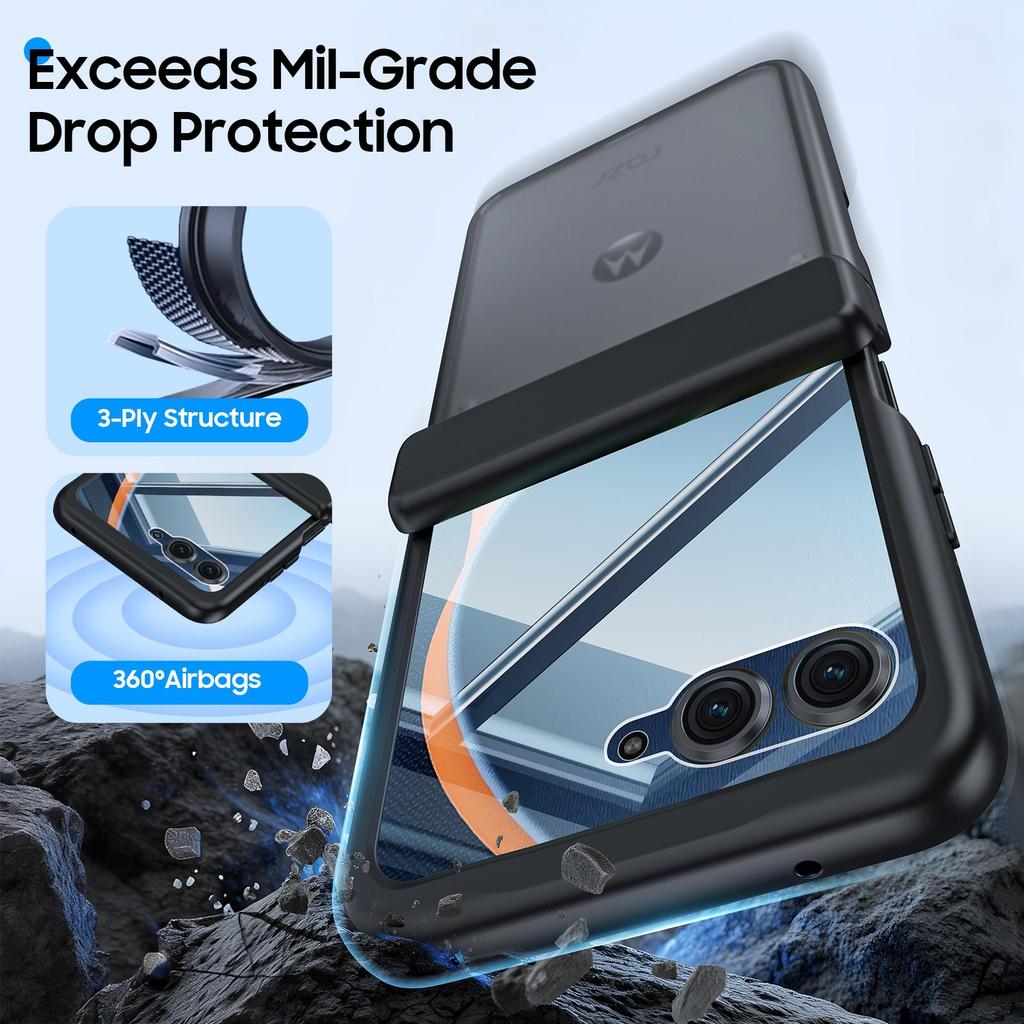 For Motorola Razr 50/60 Case, Hinge Protection, Built-in Screen Protector, Wireless Charging, Shockproof, Slim Rugged Protective Phone Case-Black