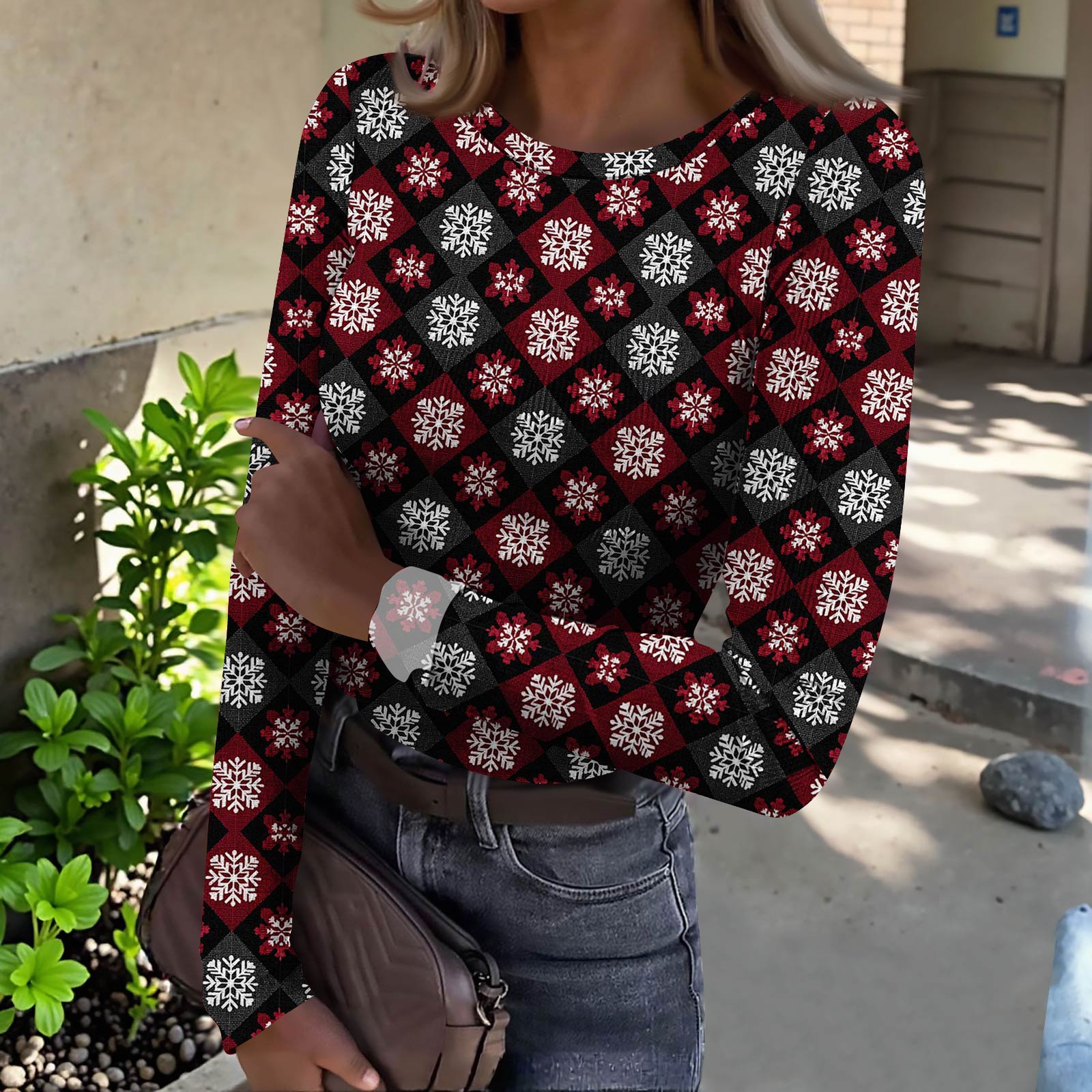 

Женская футболка с облегающим низом, модная повседневная с градиентным принтом, пуловер с круглым вырезом и длинными рукавами XXL красный