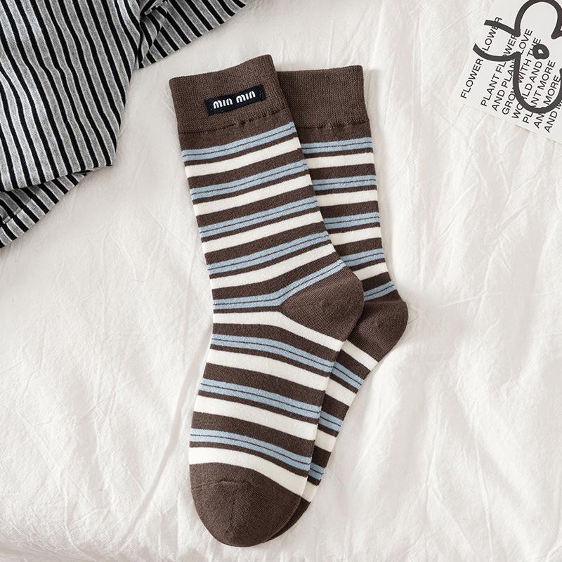 

Женские полосатые носки до середины икры: Весенне-осенний хлопок, стиль Miu, вдохновленный корейским и японским, спортивный тренд до колена One Size (Individual Bag) кофейный