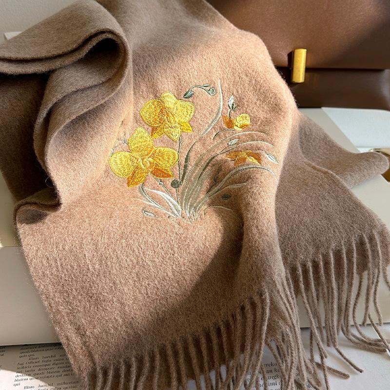 100% Wool Winter Scarf For Women Warm Embroidery Scarves Hijab Solid Lady Shawl Wrap Female Pashmina Bandana Head Scarfs New