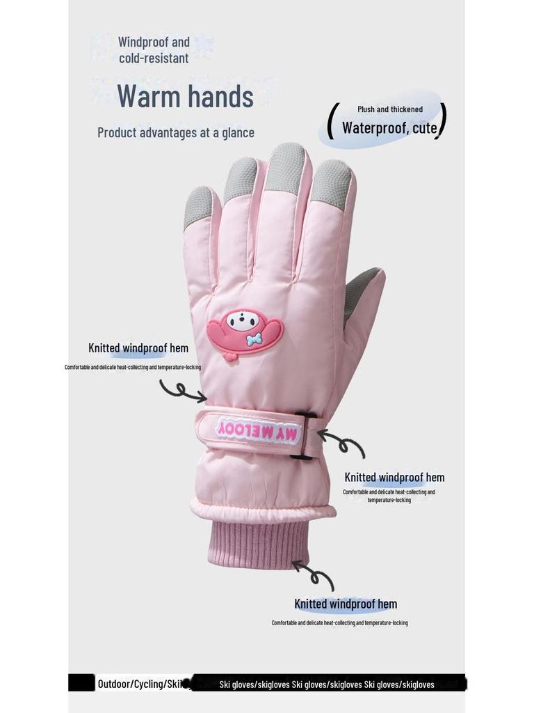 Trendy Windproof Ski Gloves: Warm, Cute Cartoon Design, Touchscreen Compatible, Splash-Proof, Velvet Cotton for Autumn/Winter.
