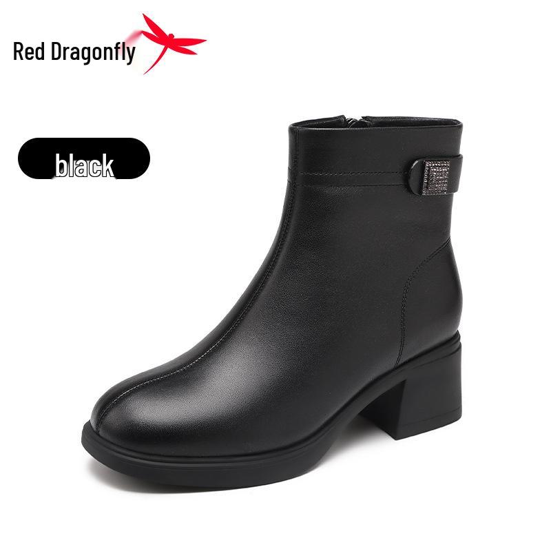 

Женские ботильоны Red Dragonfly 2025 из черной кожи на высоком каблуке с бархатной подкладкой - Теплые, на массивном каблуке, увеличивающие рост 37