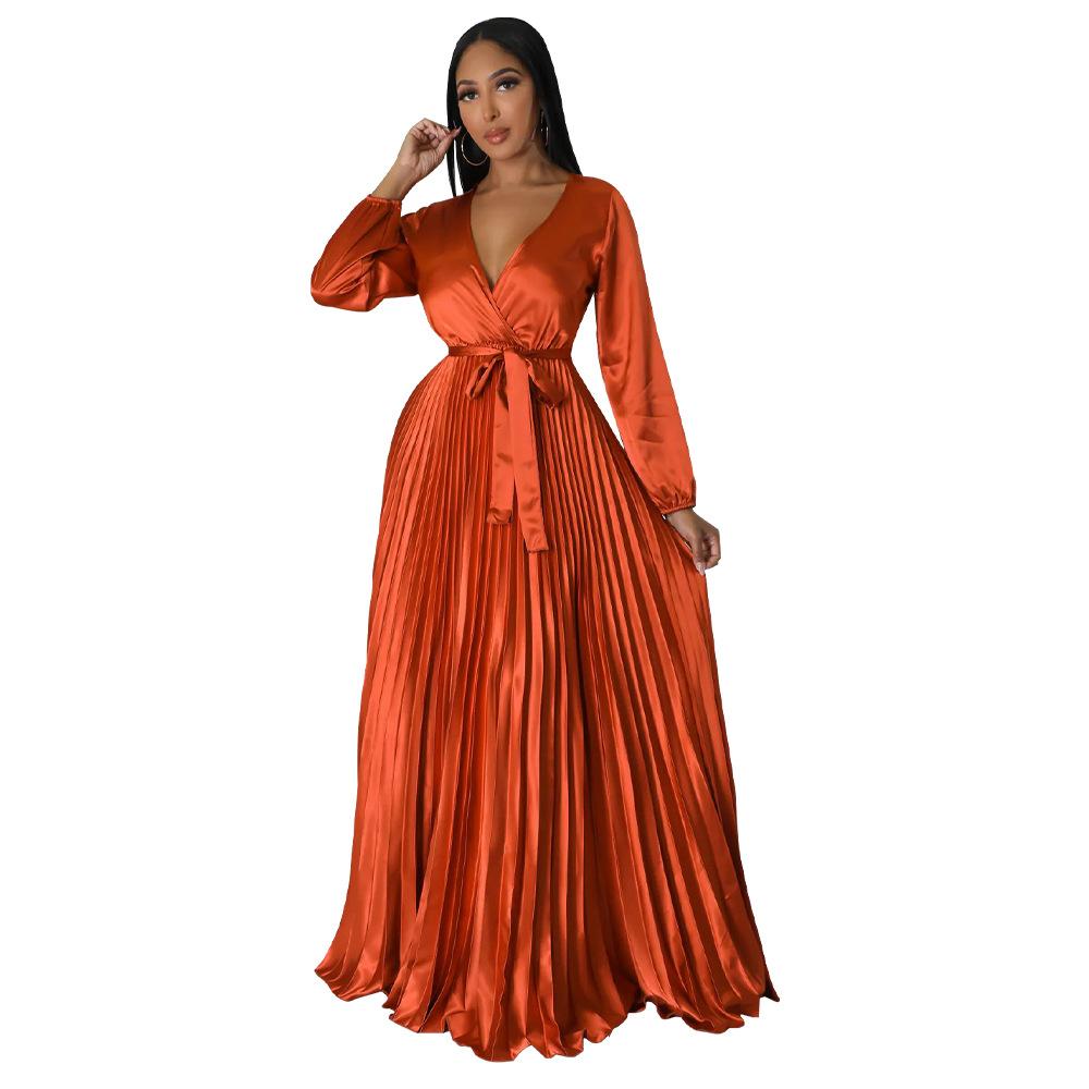 Autumn Winter New Women's V-Neck Lantern Sleeve Tie-Waist Pleated Dress Long Satin Gown Pleated Dress Long Skirt