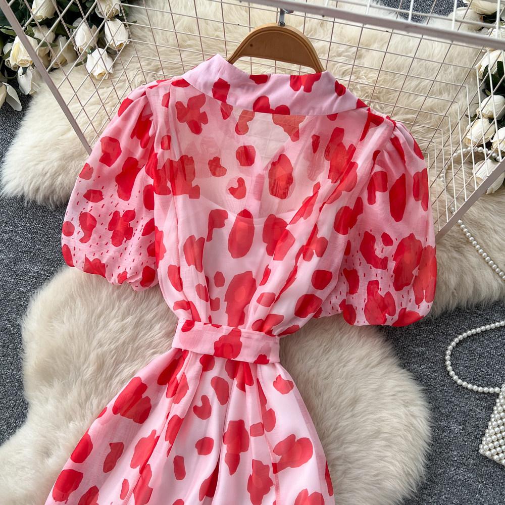 Robe Mi-Longue Imprimé Léopard Style Designer pour Femme Décontractée Coupe Ample avec Manches Bouffantes Liens à Nouer Robe Longue en Mousseline