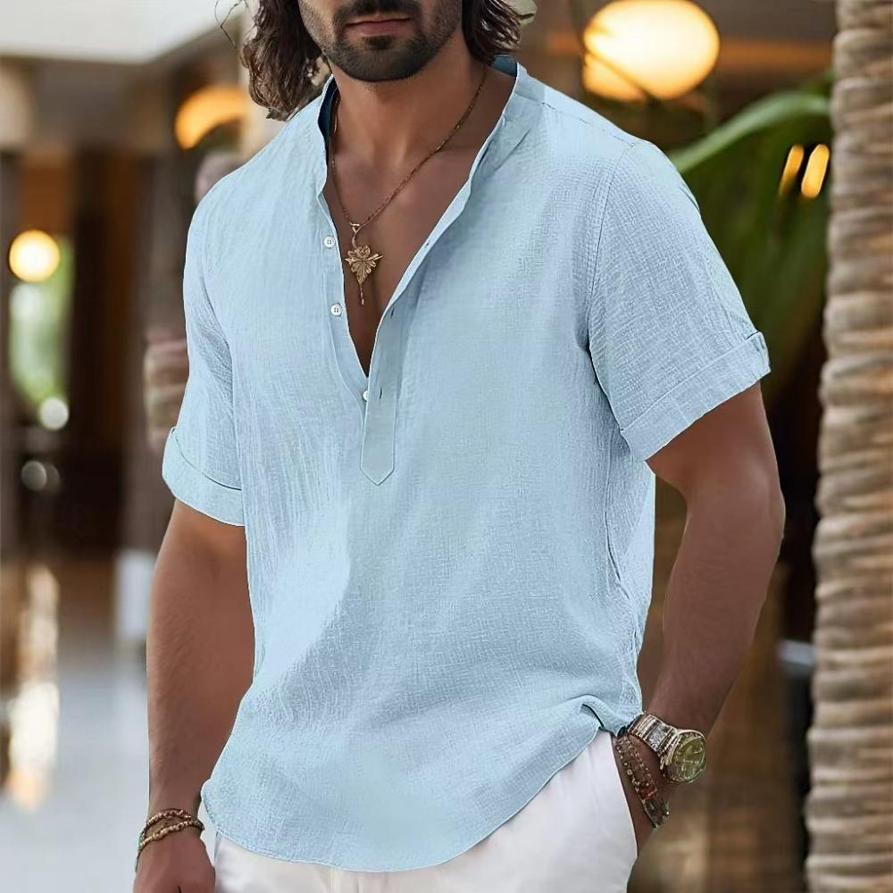 Men's Linen Shirts Short Sleeve Button Up Neck Stand Collar Casual Summer Home Daily Shirts