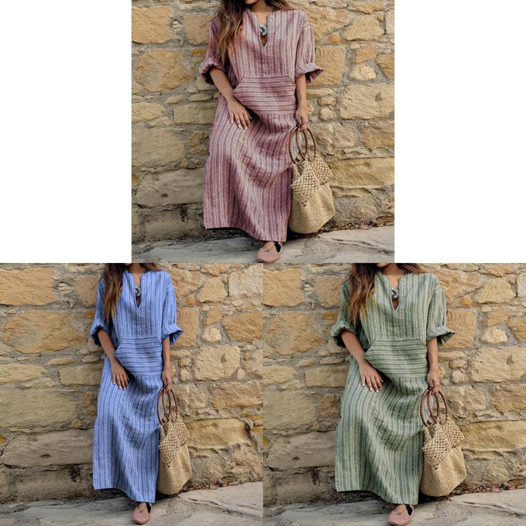 Art Vintage Cotton Linen Striped Long Dress With Loose Fit For Women