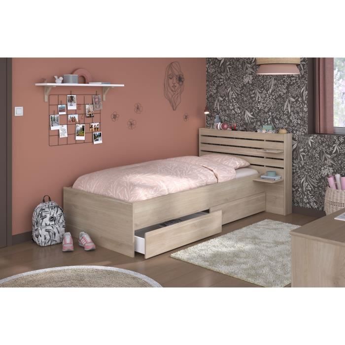 Kinderbett ESCALE 90x190/200 cm - Eichen-Dekor - Kopfteil + 2 Schubladen - B121,5 x H88,6 x T216,8 cm