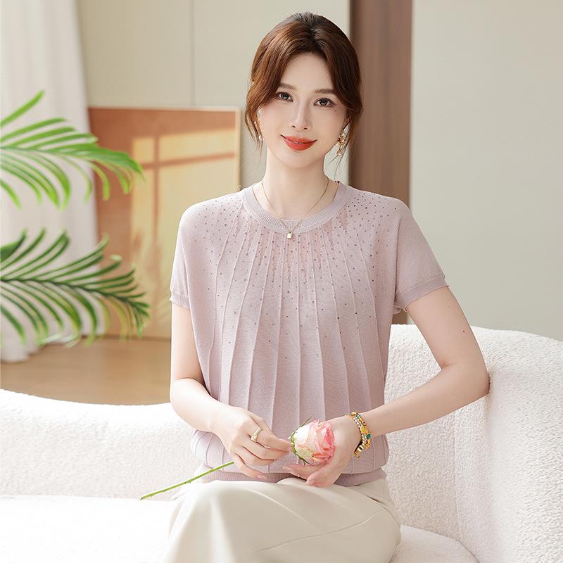 Summer Fashion Rhinestone Knit T-shirt for Women: See-through Ice Silk, Round Neck, Perfect for Young Mothers & Middle-aged Women
