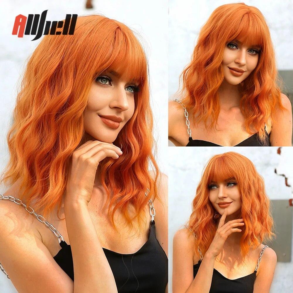 Shoulder Long Copper Ginger Wig Orange Synthetic Water Wave Wigs for Women Heat Resistant Daily Halloween Cosplay Wig with Bangs