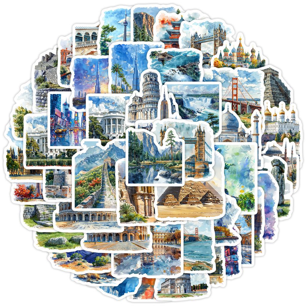 50 Watercolor Landmark Buildings Graffiti Mobile Phone Suitcase Mobile Phone Case Guitar Waterproof Decorative Stickers