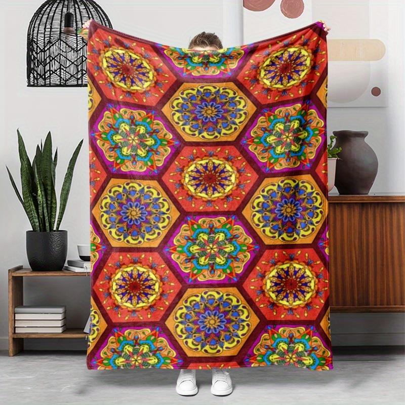 

Retro multicolor hexagonal flowers Flannel printed blanket suitable for all seasons suitable for living room office sofa travel 75x100cm