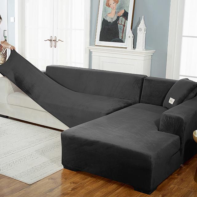 Fluwelen bankhoes Luxe L-vorm banken hoes effen kleur hoekbankhoezen fauteuil anti-stof elastische hoes huisdiervriendelijk