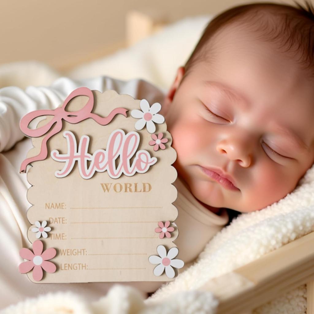 Double-Sided Wooden Baby Announcement Sign with Hello World and She's Here Messages Newborn Photography Prop for Hospital Birth Announcements Pink