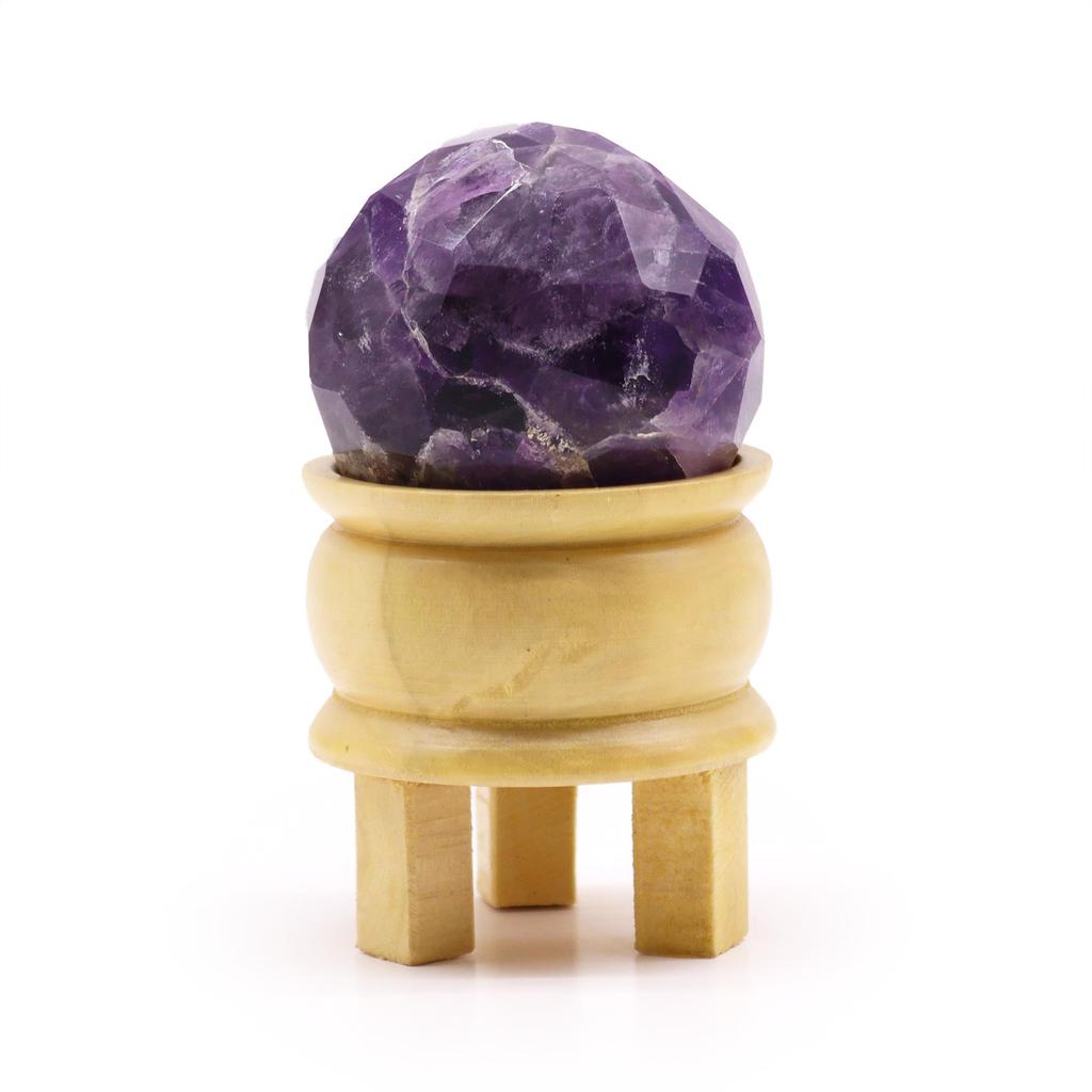 Amethyst Crystal Faceted Sphere with Wooden Stand