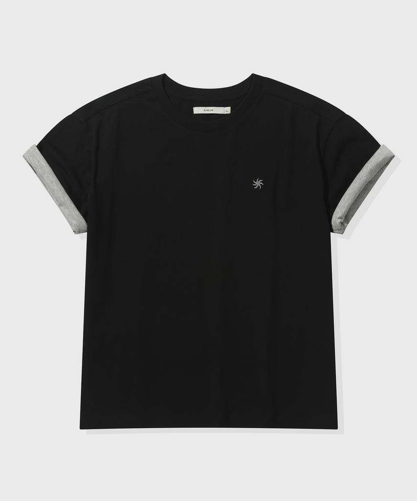 KIIMUIR [Crop] Contrast Roll-Up Crop Short Sleeve T-Shirt_Black