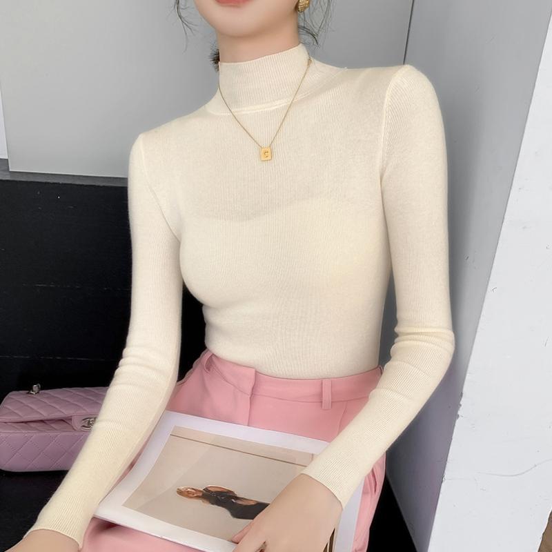 Autumn and Winter Semi High Neck Knitted Sweater Women Long Sleeve Solid Casual Base Sweaters Tops Office Lady Elegant Slim Fit Knitwear Jumper 25049