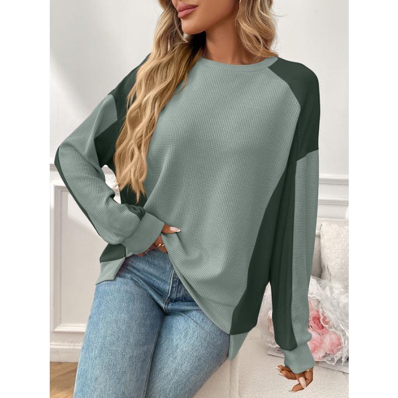 2025 Autumn New Round Neck Casual Loose Contrast Long-sleeved Waffle Top