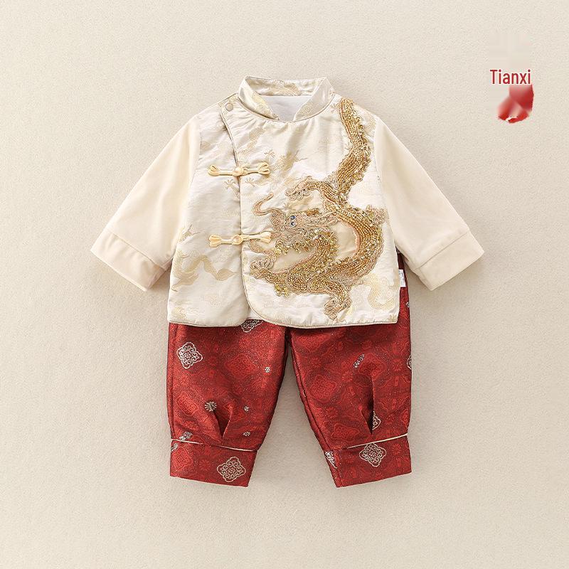 

Baby Boy Chinese Dragon Tang Suit: Two-Piece Set for First Birthday (Autumn & Spring Styles) 100 cm червоний