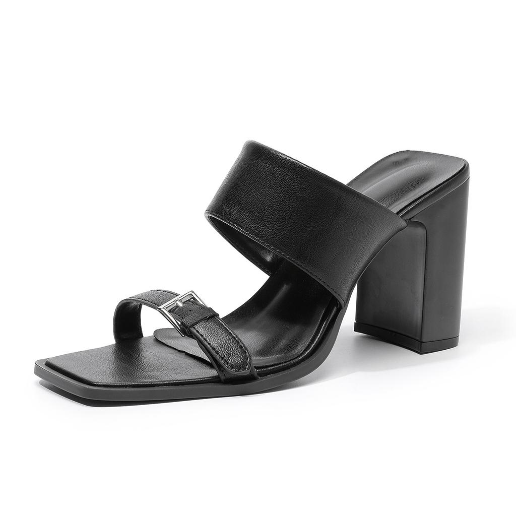 Women's Two Strap Square Open Toe High Block Heels Sandals Dress Pumps Casual Summer Mules Shoes for Weeding Party Chunky Heeled Slides for Women