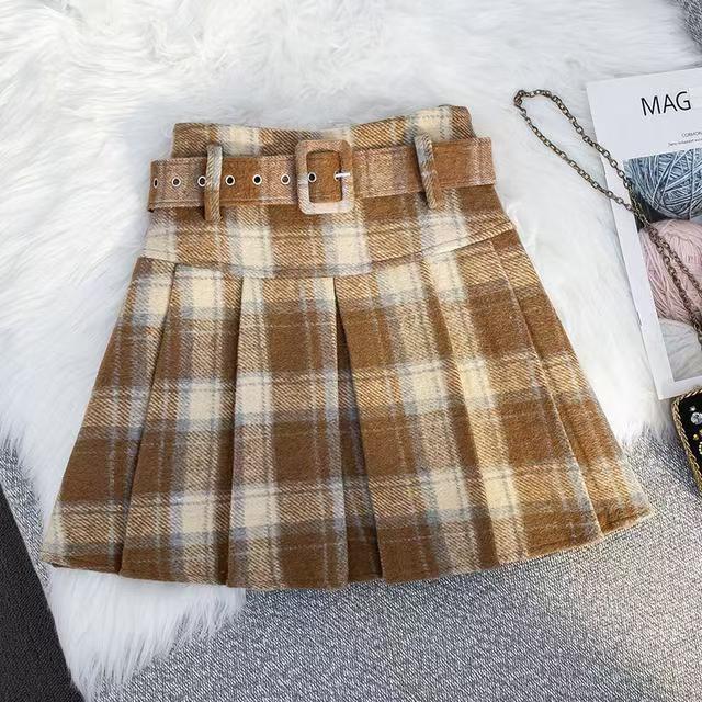 Plus Size Plaid Wool A-Line Belted Skirt - Autumn/Winter, Red, High Waist, Petite Short Skirt for 200 Jin