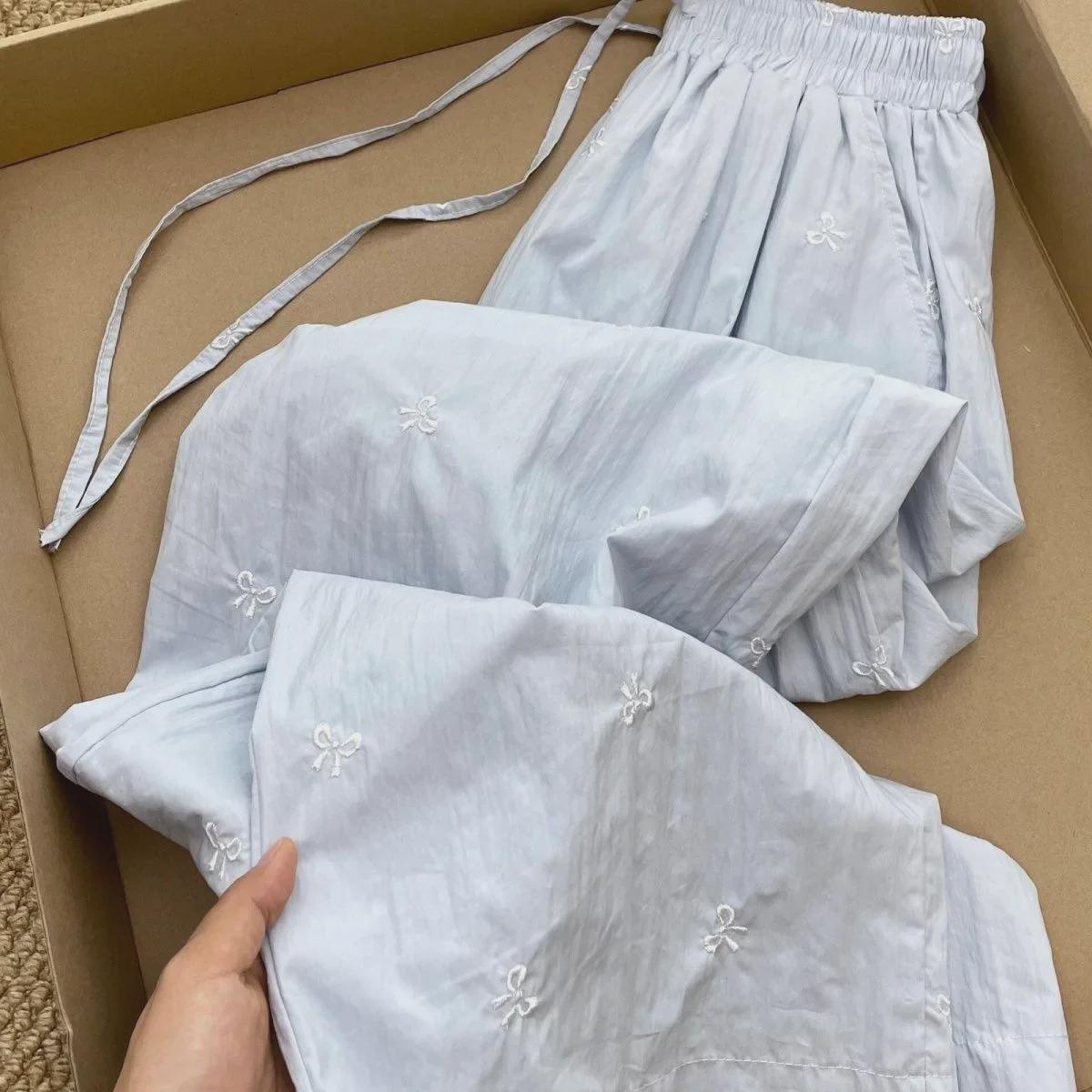 

Korean Style Plus Size Pink Bow Embroidered High Waist Loose Straight Leg Summer Pants for Women S синій