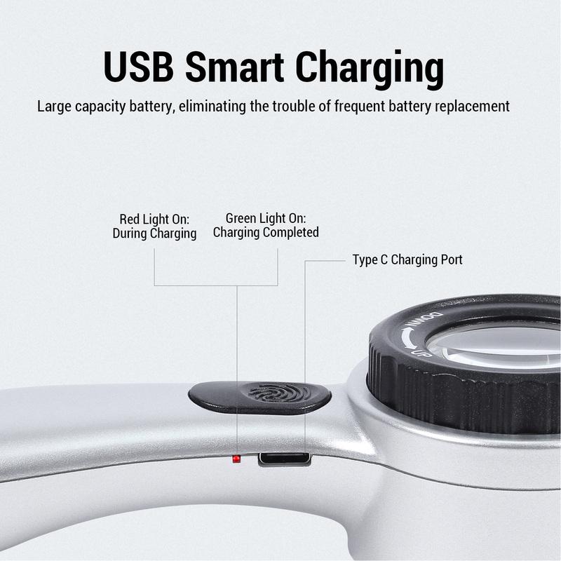 30X Handheld Magnifier LED Lighted Rechargeable Magnifying Glass for Jewelry Calligraphy Inspection 4 Lighting Modes