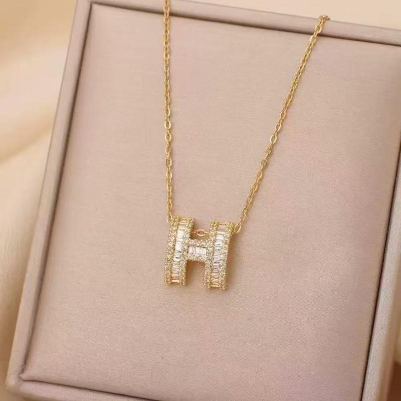 Gold Plated Copper H Letter Shiny Zircon Clavicle Necklace For Women