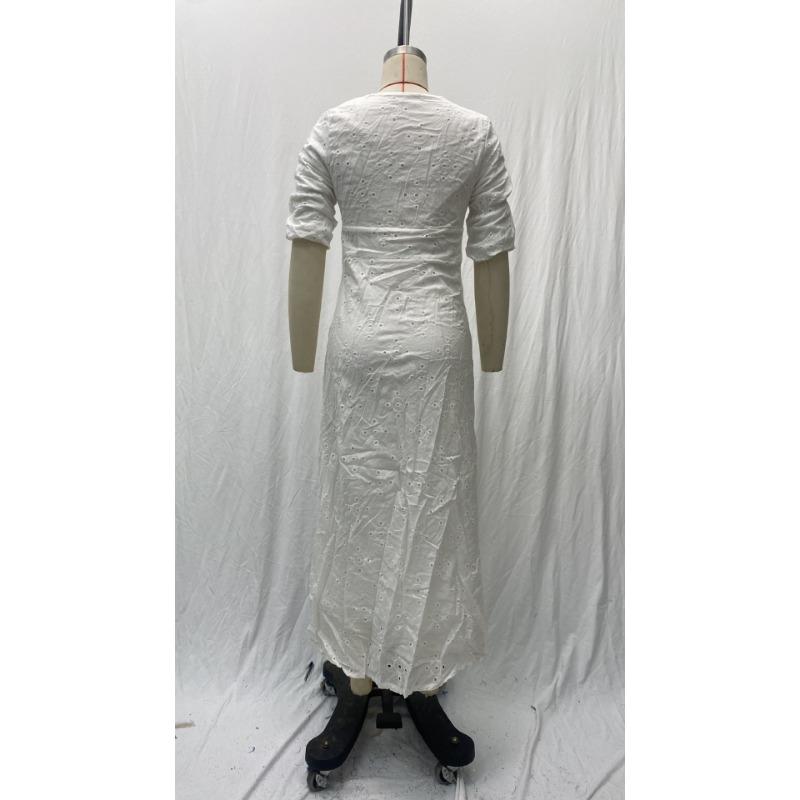 Women's Summer Deep V Bubble Sleeve Lace Hollow Slim Long Dresses
