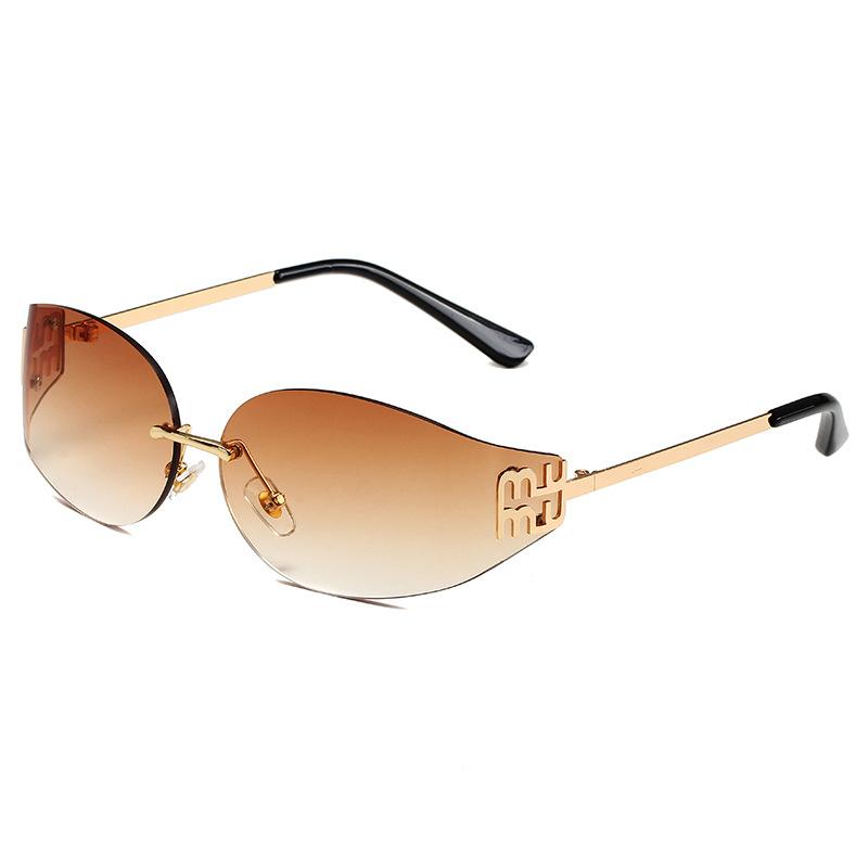 Rimless Oval Sunglasses Women UV400 Oversized Gradient Black Lenses Metal Frame Punk Goggles Female