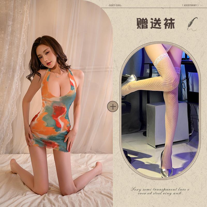 Sex underwear deep V dew dyeing printed hip skirt summer sexy naked back dress passion perspective