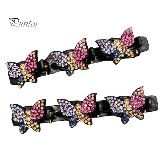 2Pcs Women Hairpins Sparkling Faux Crystal Butterflies Decor Braided Hair Clips Double Layer Bang Hair Pins