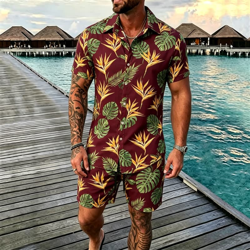 Men's Summer Tropical Floral Print Two-piece Set, Short-sleeve Shirt and Shorts
