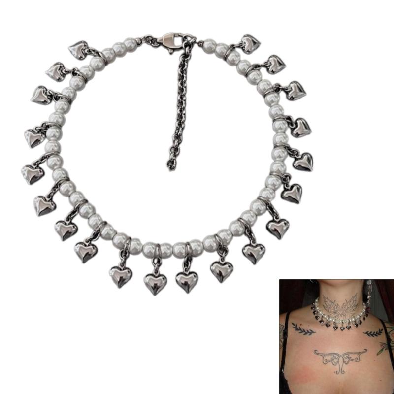 Fashionable Heart Pearls Necklace Handmade Adjustable Neckchain Stylish Clavicle Chain for Women Girls Elegant Choker