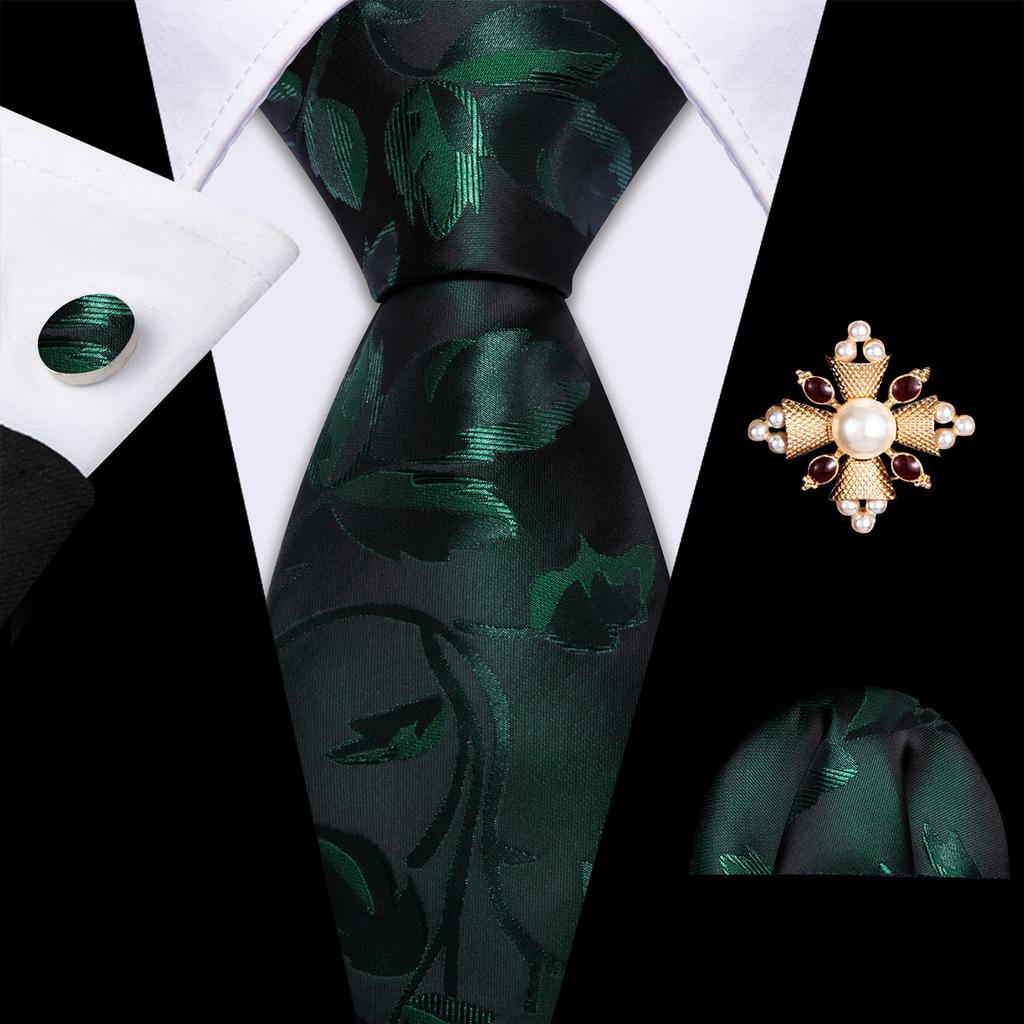 Pearl Brooch with Silk Tie for Men Vintage Floral Teal Necktie Hanky Cufflinks Gift Formal Set
