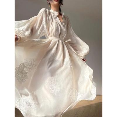Vintage Elegant Embroidery Midi Dress Women Lantern Sleeve Casual Korean Fashion Y2k Dress Female Beach Style Floral Dress