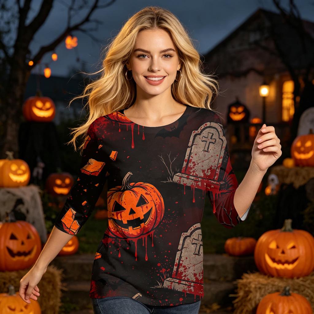 Halloween Shirt for Women 3/4 Sleeve Tunic Top Funny Splatter Pattern Casual Loose Holiday Graphic Blouse